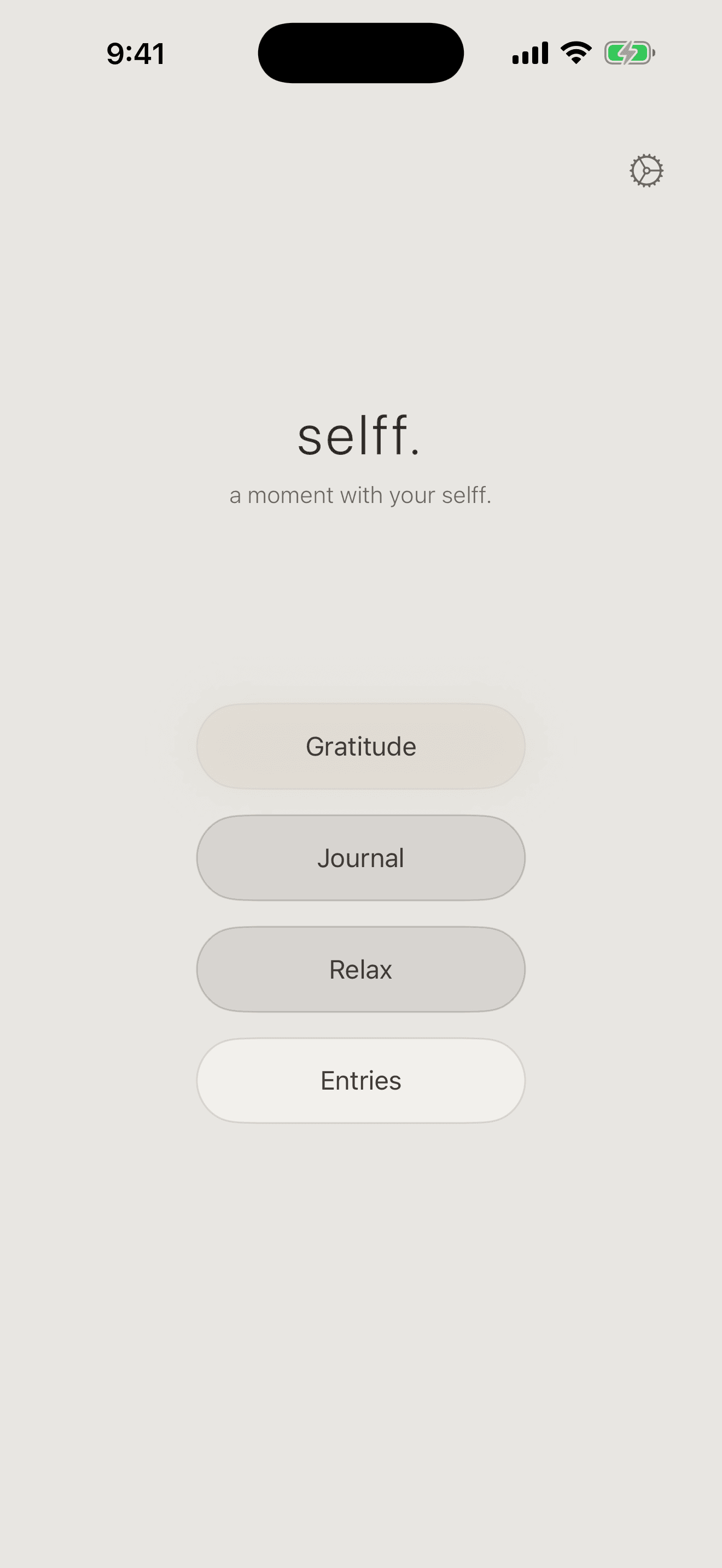 Selff home screen in the Stone theme with Gratitude, Journal, Relax, and Entries.
